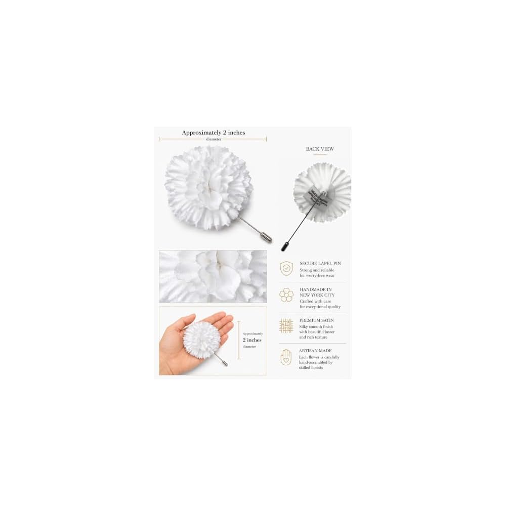 White Carnation Boutonniere Stick Pin, Handmade Satin Lapel Flower for Weddings & Formal Wear, Made in New York Since 1916 – M&S Schmalberg