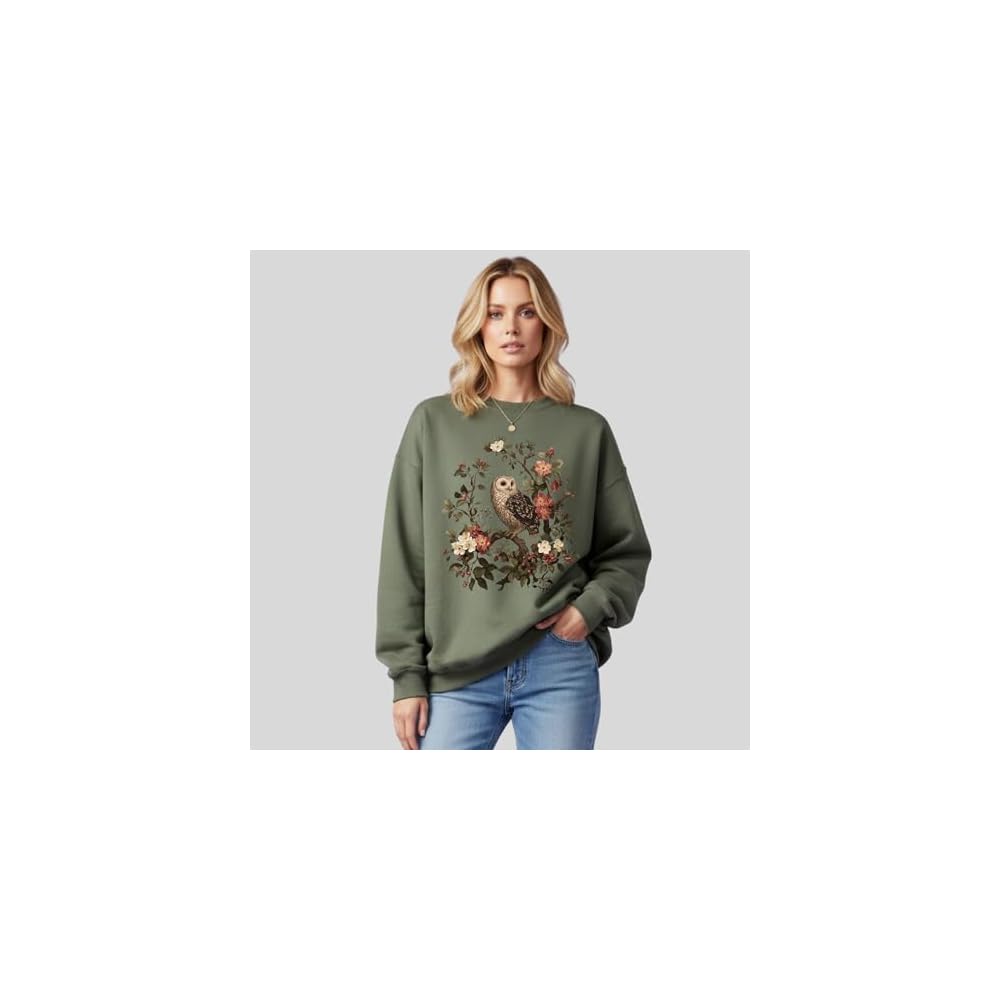 FITIN Vintage Owl Floral Graphic Sweatshirt – Nature Bird Botanical Aesthetic Unisex Cozy Crewneck Pullover