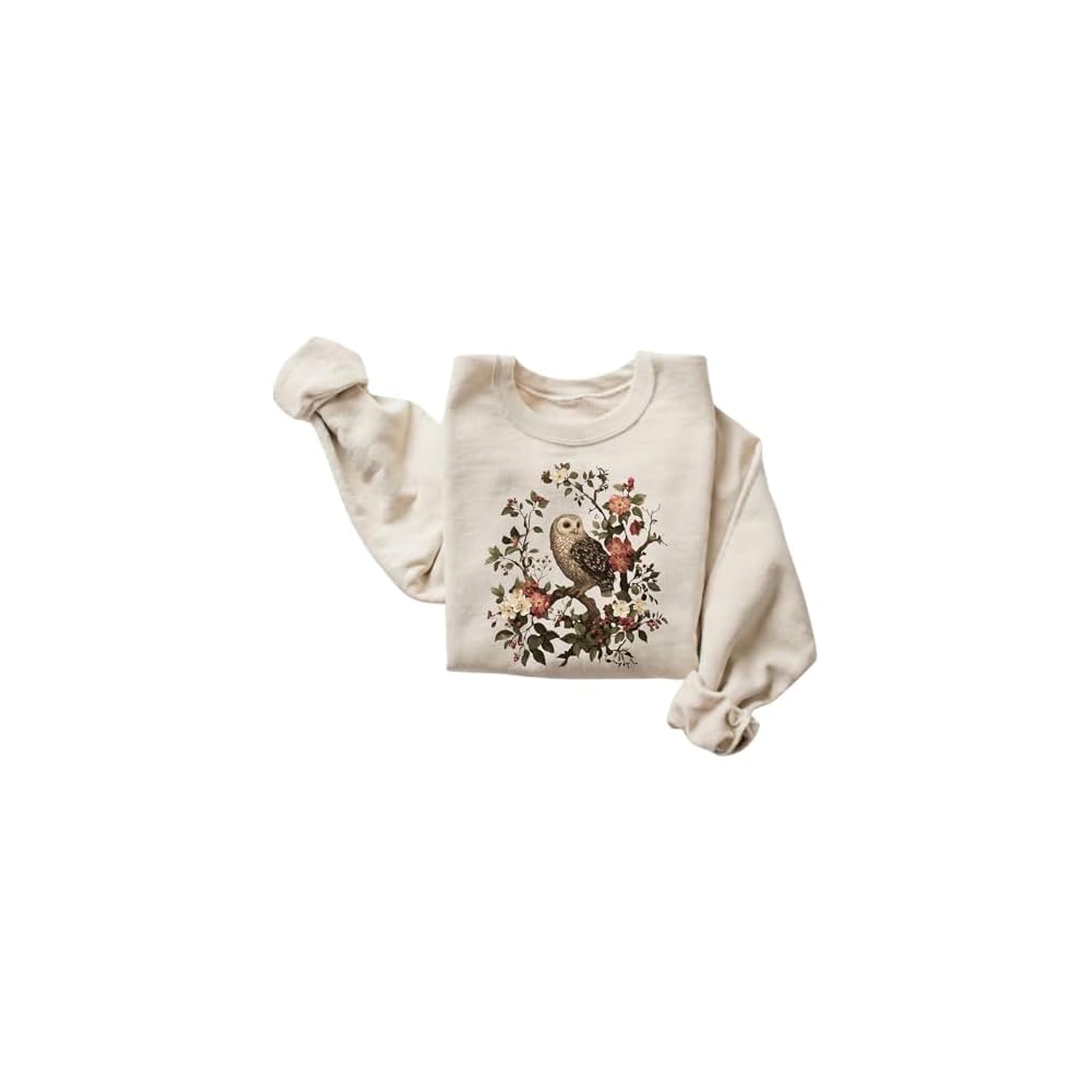 FITIN Vintage Owl Floral Graphic Sweatshirt – Nature Bird Botanical Aesthetic Unisex Cozy Crewneck Pullover