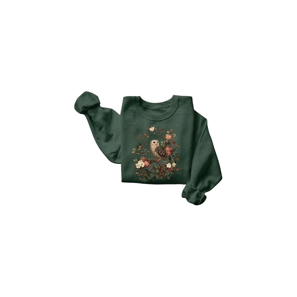 FITIN Vintage Owl Floral Graphic Sweatshirt – Nature Bird Botanical Aesthetic Unisex Cozy Crewneck Pullover