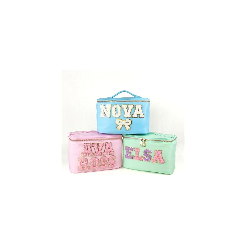 Personalized Cosmetic Case Makeup Bag Sewn on Chenille Patches Vanity Case with Handle Custom Nylon Pouch Case Toiletry Bag Bridesmaid Gifts