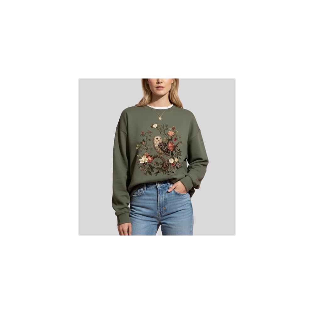 FITIN Vintage Owl Floral Graphic Sweatshirt – Nature Bird Botanical Aesthetic Unisex Cozy Crewneck Pullover