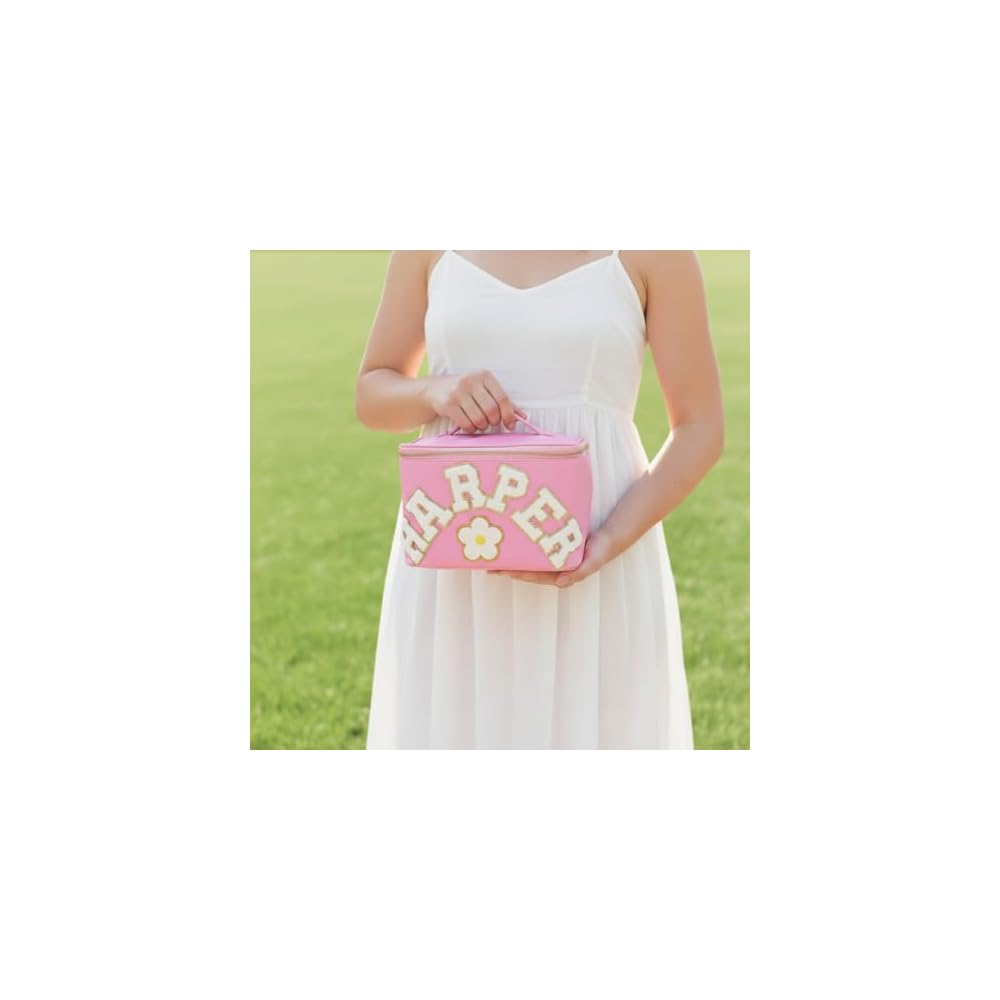 Personalized Cosmetic Case Makeup Bag Sewn on Chenille Patches Vanity Case with Handle Custom Nylon Pouch Case Toiletry Bag Bridesmaid Gifts