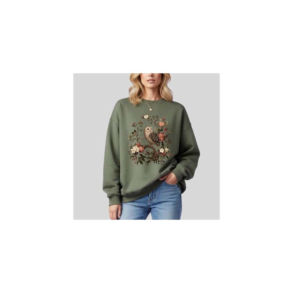 FITIN Vintage Owl Floral Graphic Sweatshirt – Nature Bird Botanical Aesthetic Unisex Cozy Crewneck Pullover