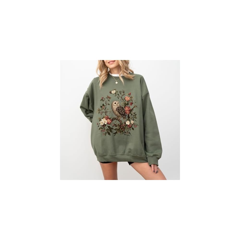 FITIN Vintage Owl Floral Graphic Sweatshirt – Nature Bird Botanical Aesthetic Unisex Cozy Crewneck Pullover