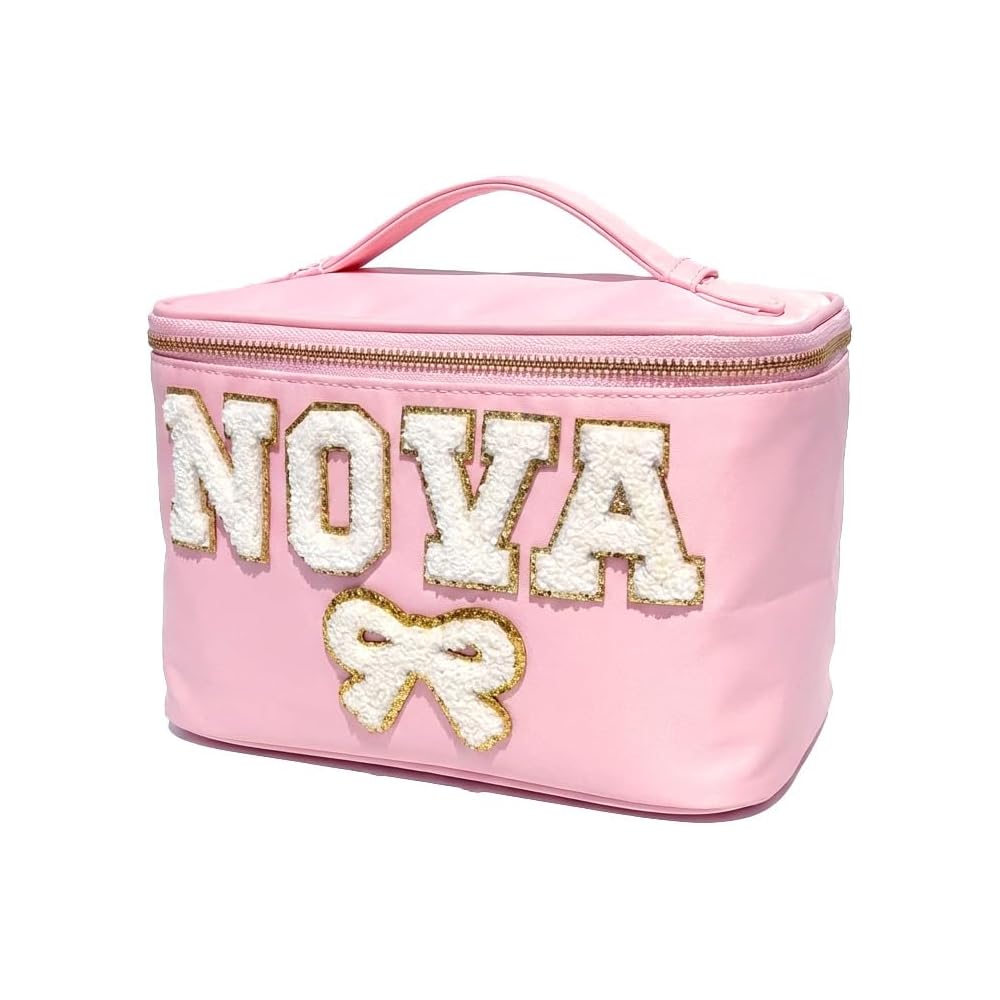 Personalized Cosmetic Case Makeup Bag Sewn on Chenille Patches Vanity Case with Handle Custom Nylon Pouch Case Toiletry Bag Bridesmaid Gifts