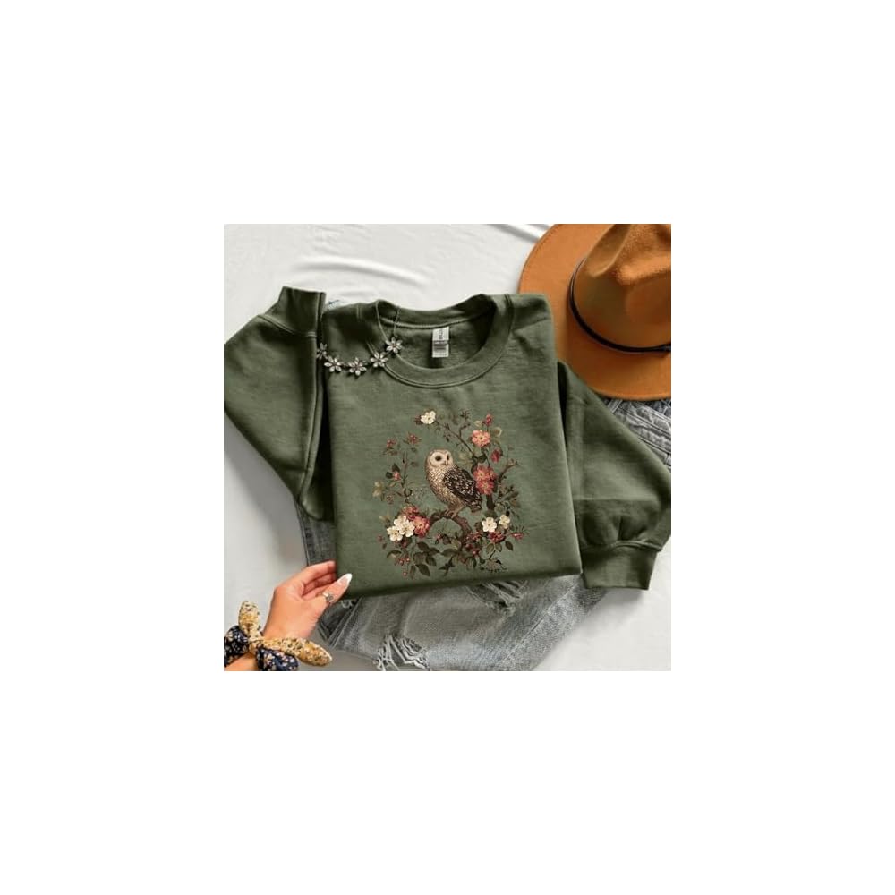 FITIN Vintage Owl Floral Graphic Sweatshirt – Nature Bird Botanical Aesthetic Unisex Cozy Crewneck Pullover