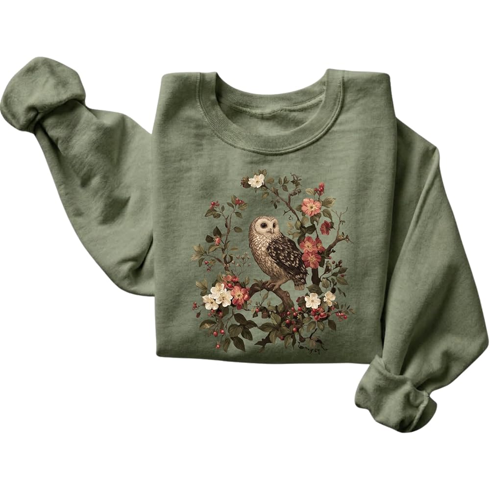 FITIN Vintage Owl Floral Graphic Sweatshirt – Nature Bird Botanical Aesthetic Unisex Cozy Crewneck Pullover